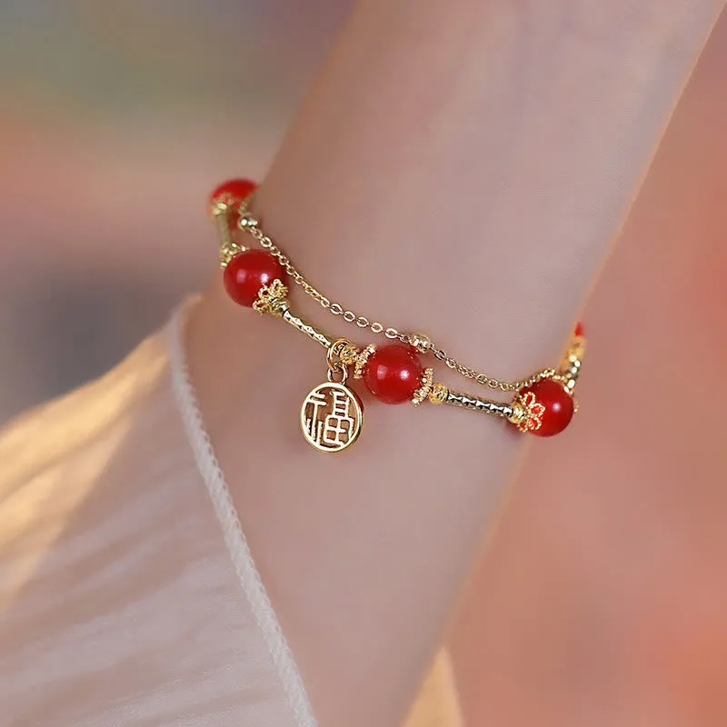 Buddha Red Agate Self-Acceptance Bracelet with Fu Character Charm - Image 3