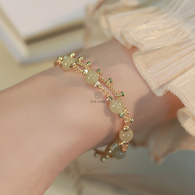 Luck Muse Shop 14K Gold-Plated Double Layer Hetian Jade Bead Bracelet for Luck and Prosperity - Image 4
