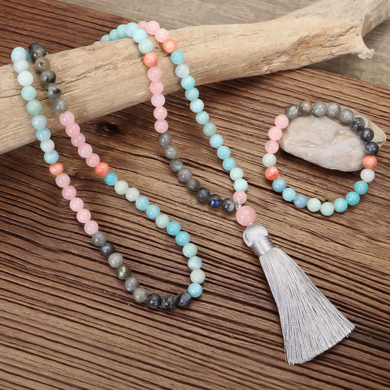 Amazonite and Black Glitter Stone 108 Mala Beads Bracelet with Positive Tassel Design - Image 3