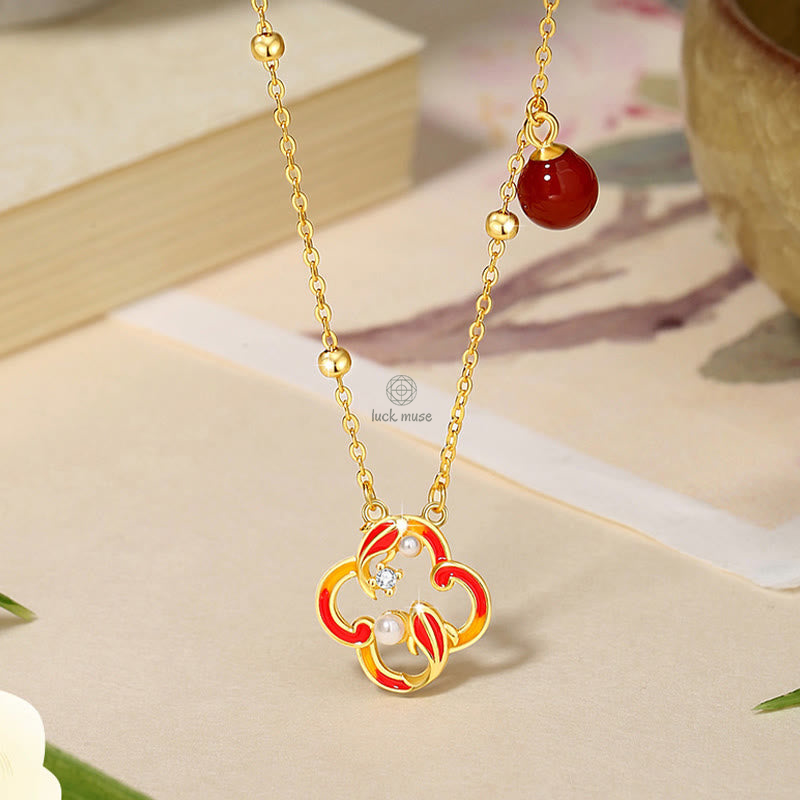 Luck Muse 925 Sterling Silver Four Leaf Clover Koi Fish Red Agate Pearl Jewelry Set - Image 3