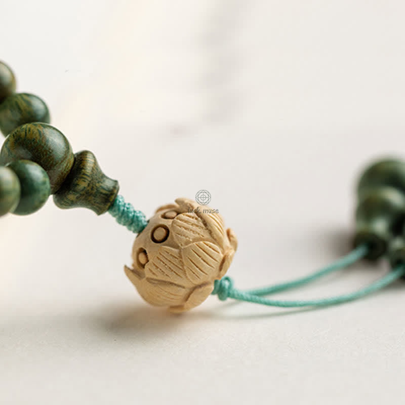 Luck Muse 108 Mala Beads Bracelet with Green Sandalwood Boxwood Lotus Design - Image 17