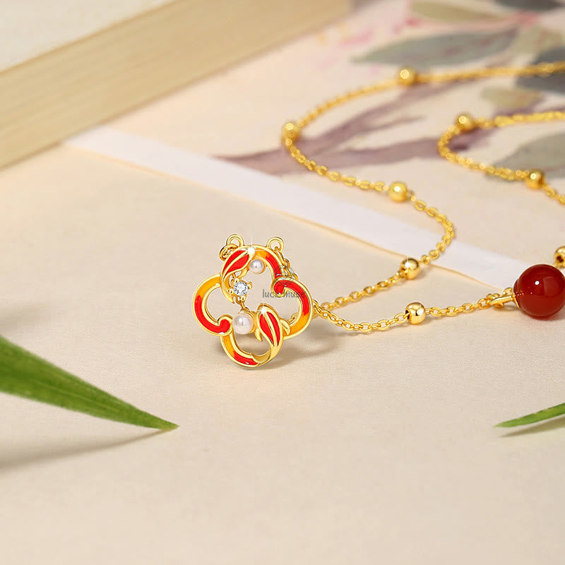 Luck Muse 925 Sterling Silver Four Leaf Clover Koi Fish Red Agate Pearl Jewelry Set - Image 4