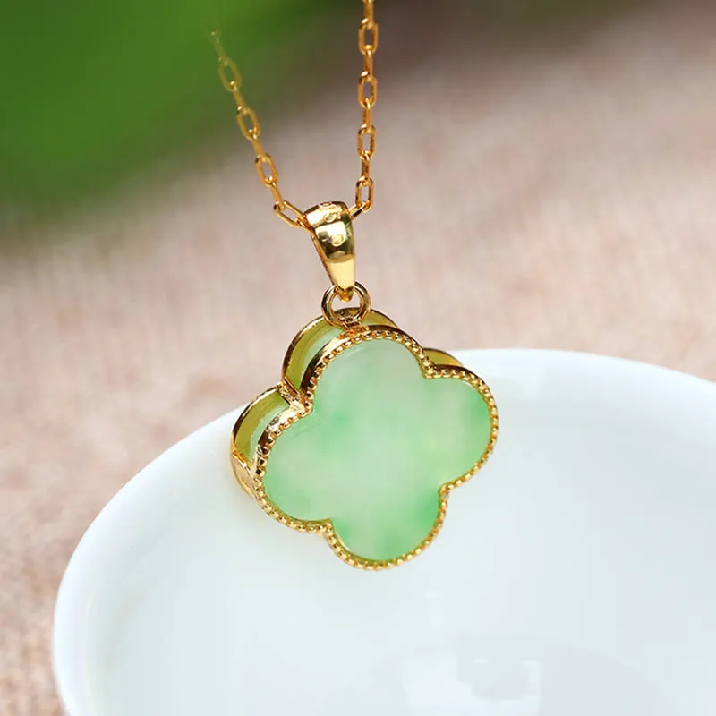 Luck Muse Lucky Four-Leaf Clover Jade Pattern Necklace Pendant