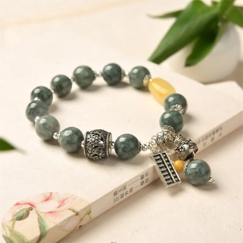 925 Sterling Silver Cyan Jade Amber Lucky Cat Abacus Success Bracelet - Image 5