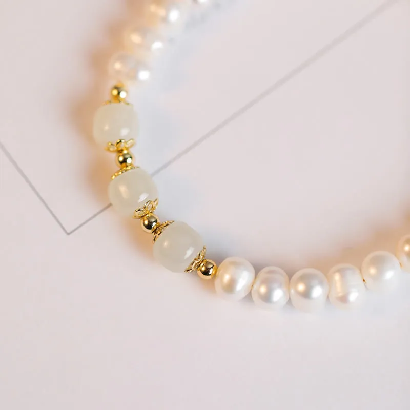 Luck Muse 14K Gold Plated Sincerity Bead Chain Bracelet with Natural Pearl, Hetian Cyan Jade, and White Jade - Image 15