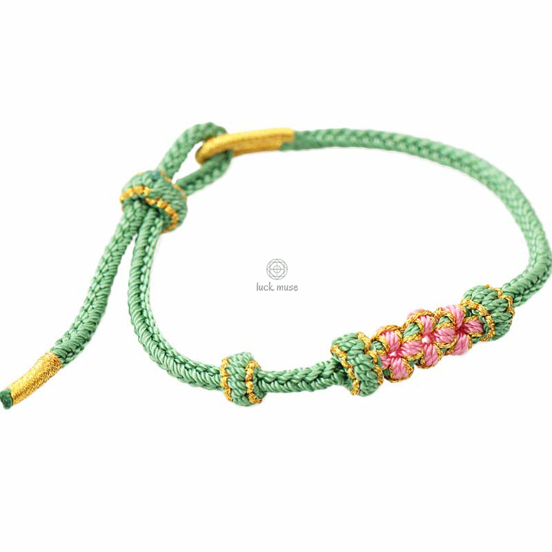 Braided String Bracelet with Handmade Three Peach Blossoms for Good Luck - Eight Strands - Image 6