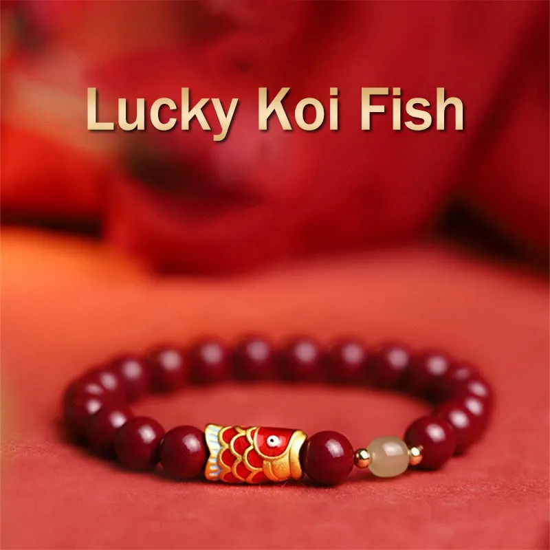 Lucky Koi Fish Blessing Bracelet with Natural Cinnabar and Hetian Jade Beads by Luck Muse Shop