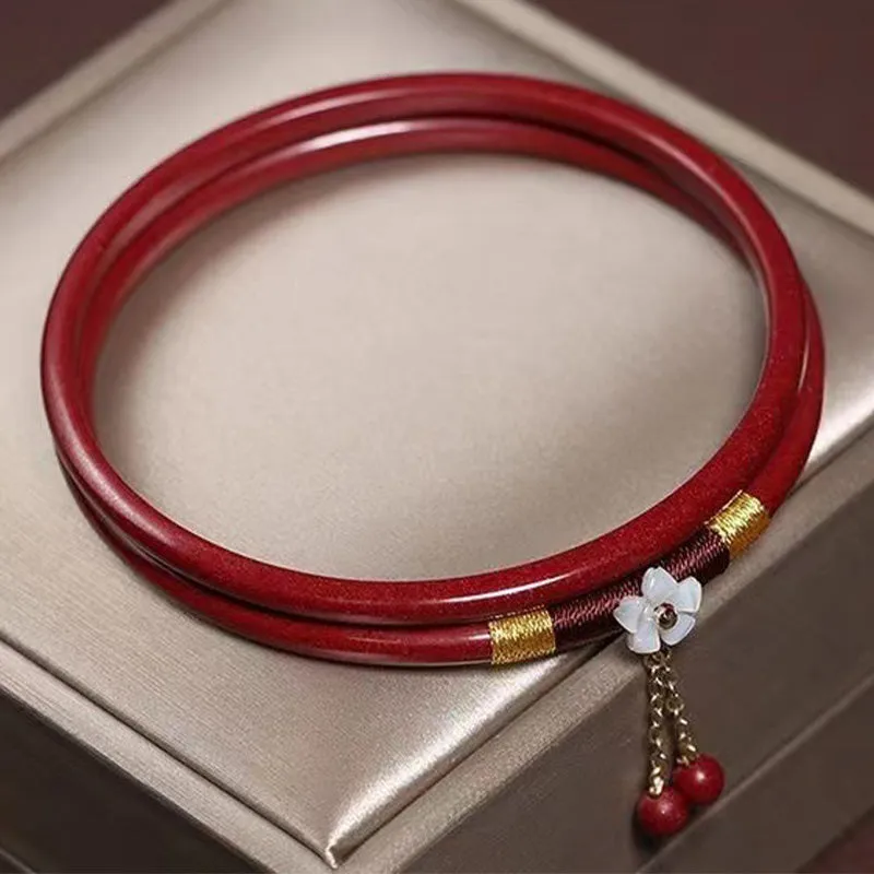 Luck Muse Cinnabar Flower Double Bangle Bracelet for Blessings - Image 2