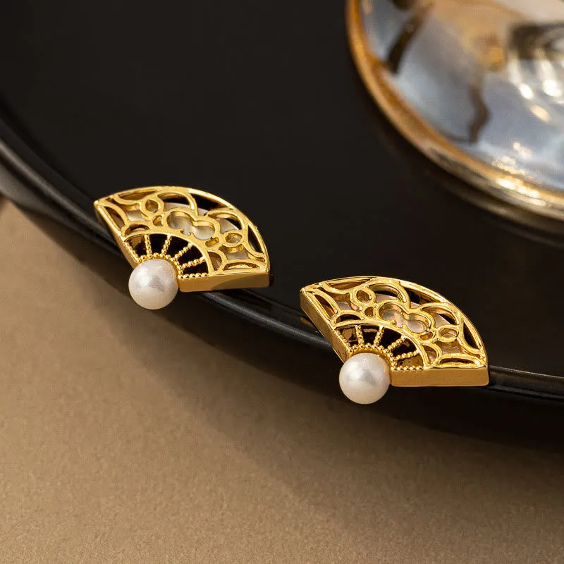 Luck Muse 925 Sterling Silver Earrings with Fan Pattern Pearl Copper Wisdom Stud Drop - Image 4