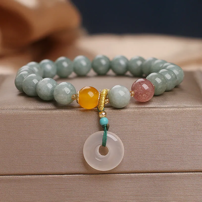 Buddhist Jade and Strawberry Quartz Beaded Peace Buckle Prosperity Bracelet - Image 4