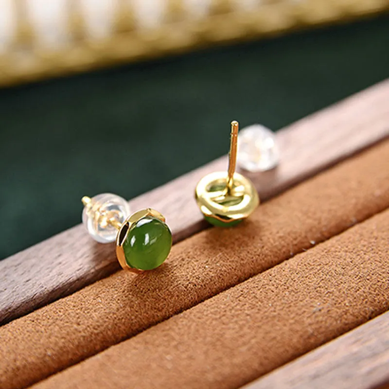 Luck Muse Gold-Plated Sterling Silver Hetian Cyan Jade Luck Stud Earrings - Image 4