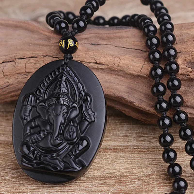 Tibetan Obsidian Ganesh Elephant Wealth Amulet Necklace - Image 3