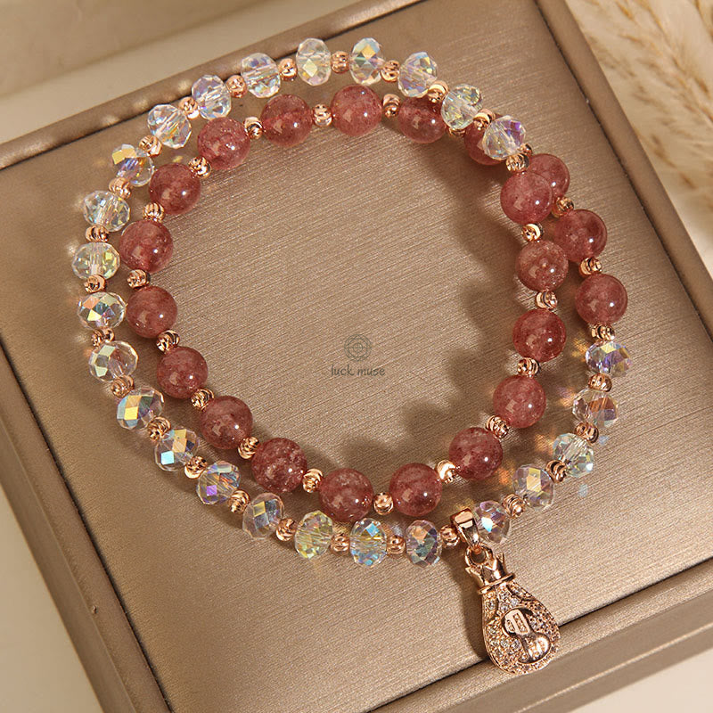 Luck Muse Strawberry Quartz & White Crystal Money Bag Charm Bracelet - Image 9