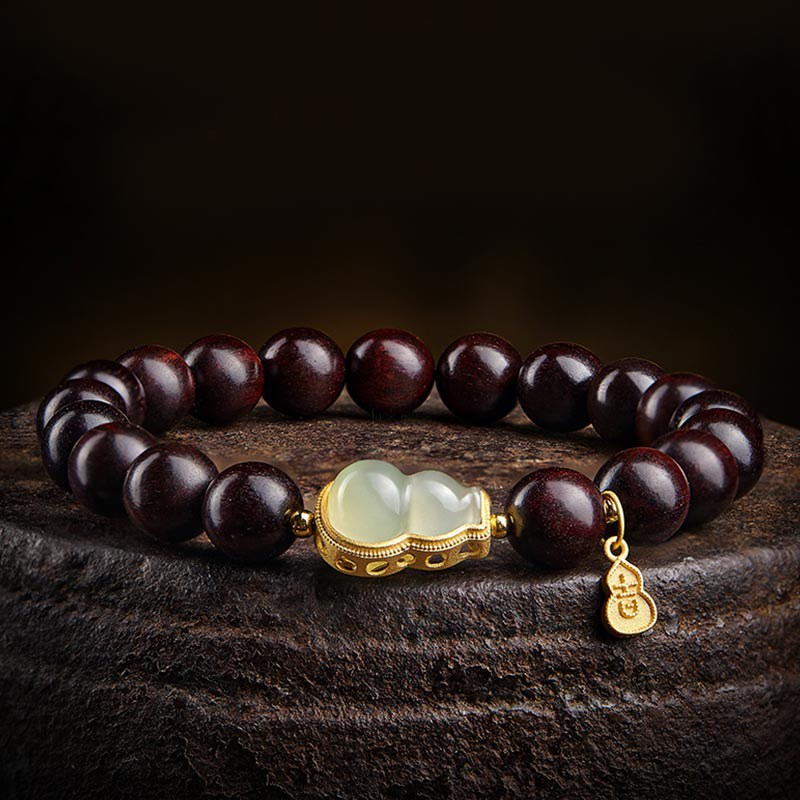 Luck Muse Small Leaf Red Sandalwood Gourd Jade Relaxation Bracelet - Image 20