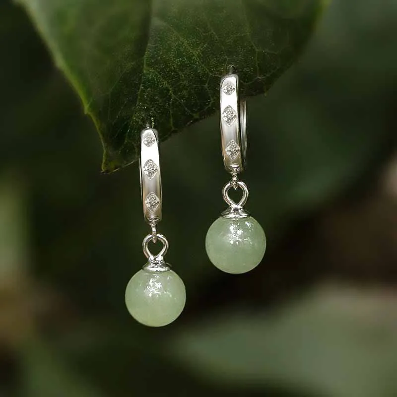 Prosperity Round Jade Bead Earrings with Luck Muse - Image 2