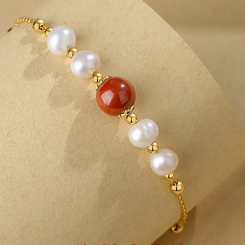 Luck Muse 925 Sterling Silver Pearl Cinnabar Healing Beaded Chain Bracelet - Image 4