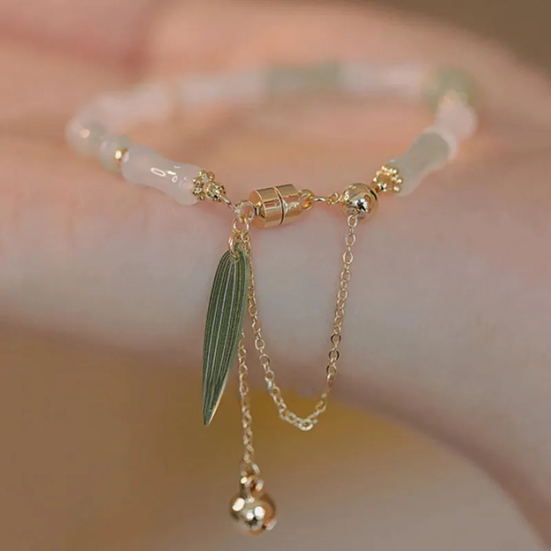 Luck Muse 14K Gold Plated Hetian White Jade Bamboo Leaf Lucky Protection Bracelet - Image 5