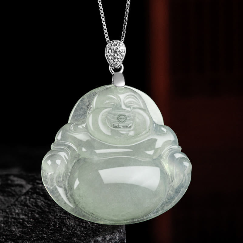 Luck Muse Laughing Buddha 925 Sterling Silver Jade Necklace Pendant for Prosperity and Abundance - Image 6