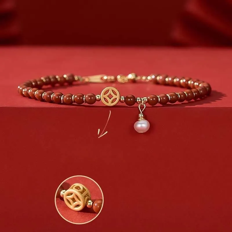 Luck Muse Red Agate Copper Coin Bracelet with 14K Gold Plating for Confidence - Image 3
