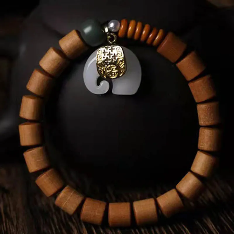 Sandalwood and Jade Elephant Protection Bracelet