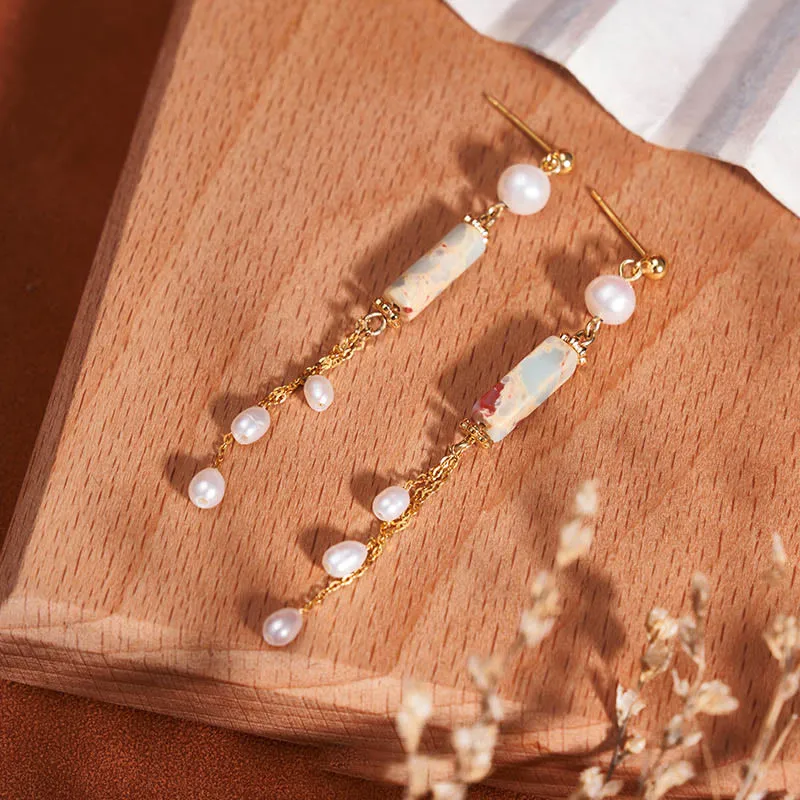 Luck Muse Shoushan Stone Pearl Drop Earrings with 925 Sterling Silver Posts