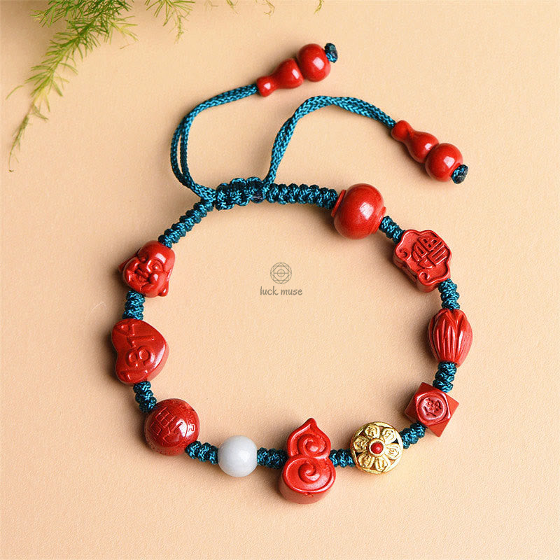 Luck Muse Natural Cinnabar Gourd Laughing Buddha Blessing Bracelet - Image 7
