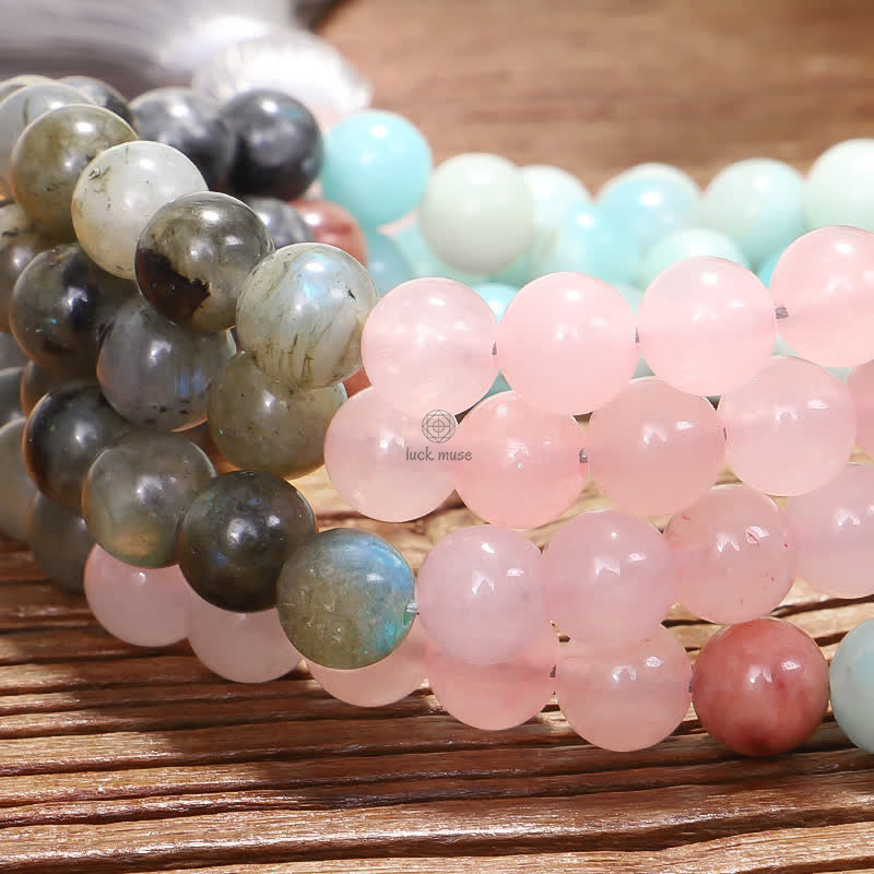 Amazonite and Black Glitter Stone 108 Mala Beads Bracelet with Positive Tassel Design - Image 20