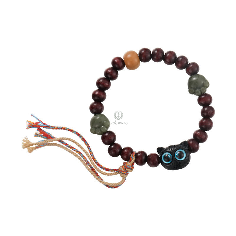 Luck Muse Ebony Wood Cat Paw Jade Peace Tassel Bracelet - Image 5