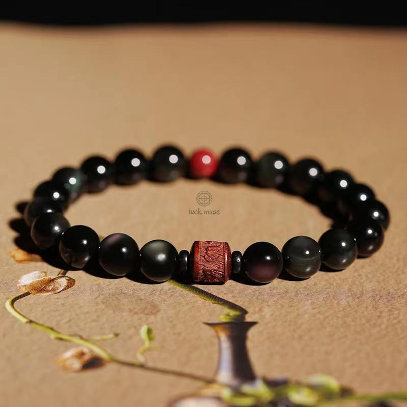 Natural Gold Sheen Obsidian Rainbow Obsidian Om Mani Padme Hum Healing Bracelet - Image 45