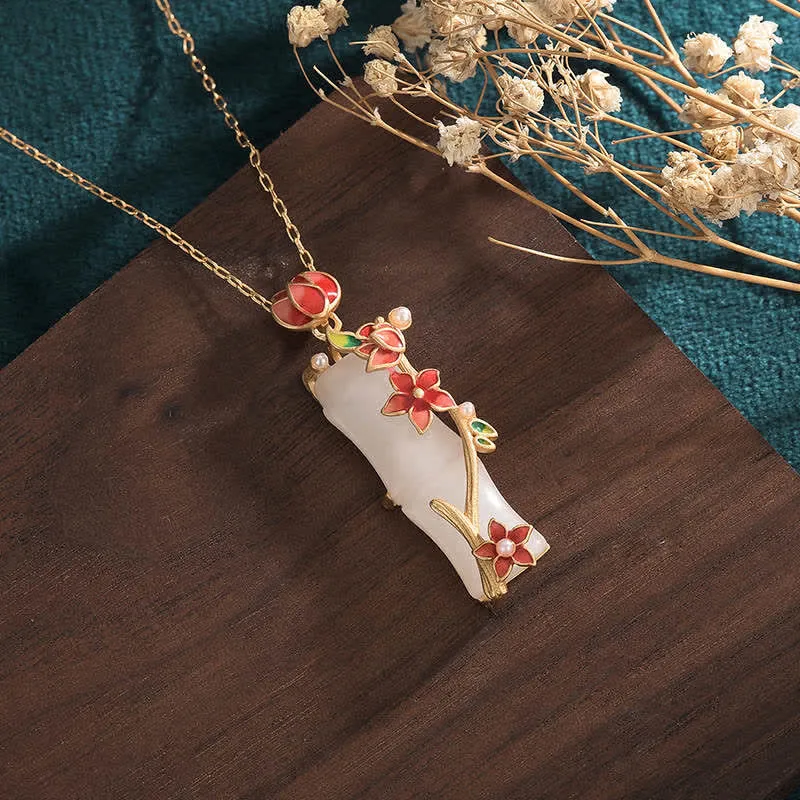 White Jade Bamboo Lotus Flowers Necklace Pendant for Luck and Protection - Image 2