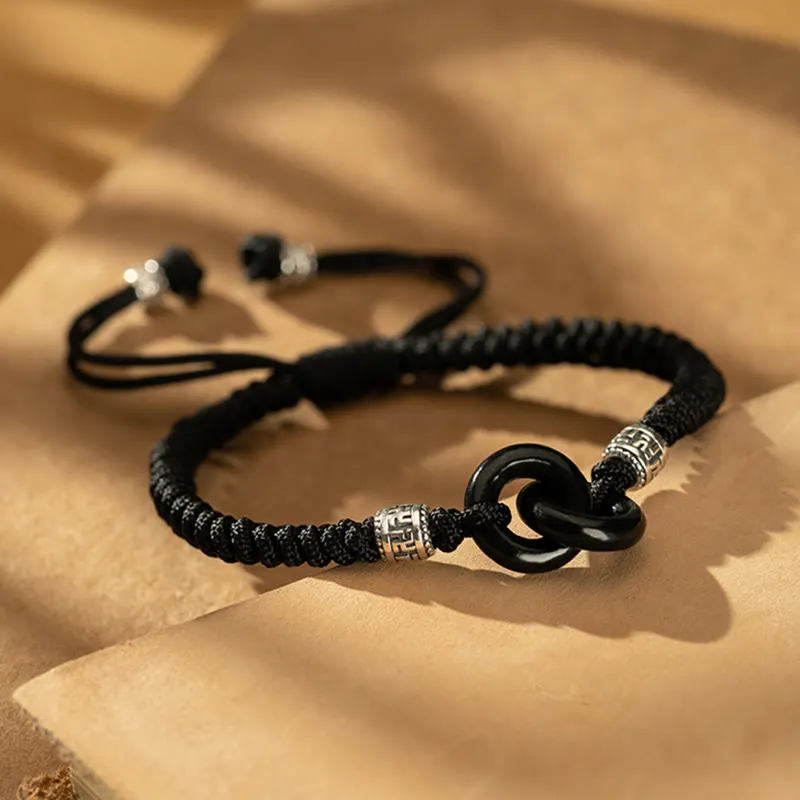 Luck Muse 925 Sterling Silver Hetian Black Jade Double Peace Buckle Bracelet with Swastika Symbol for Luck - Image 2