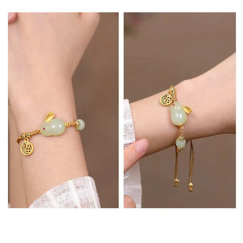 Hetian Jade Happiness Blessing Wealth Bracelet with Rabbit Year Charm - Image 5