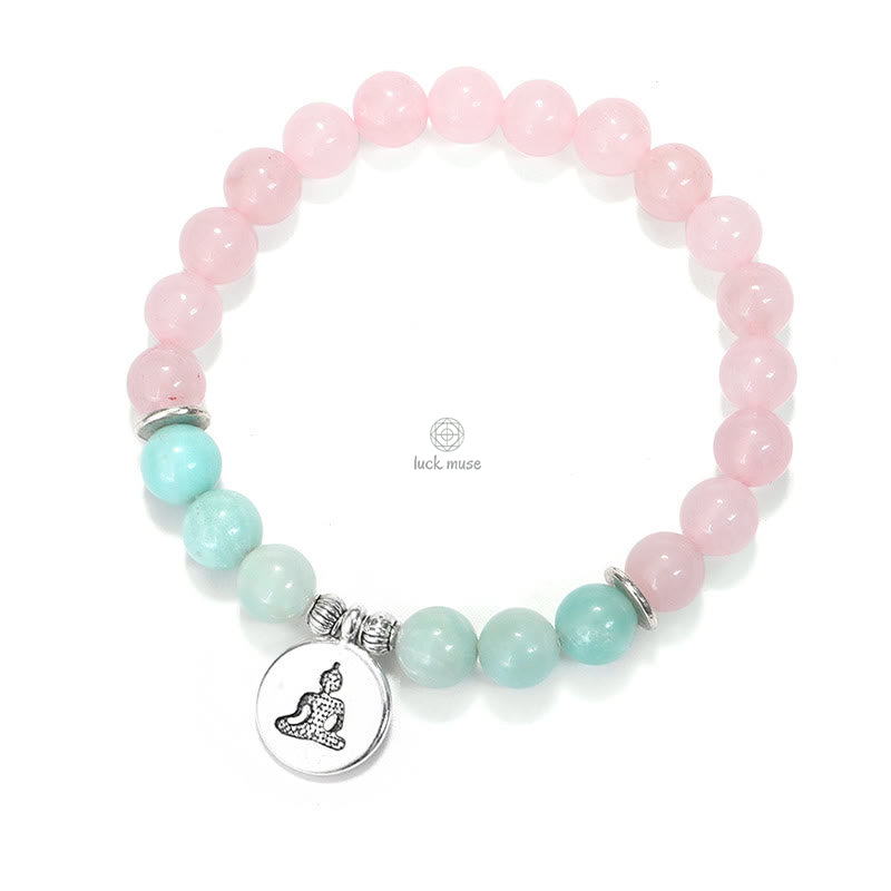 Natural Pink Crystal Amazonite Buddha Bracelet with Lotus and OM Symbol - Image 9