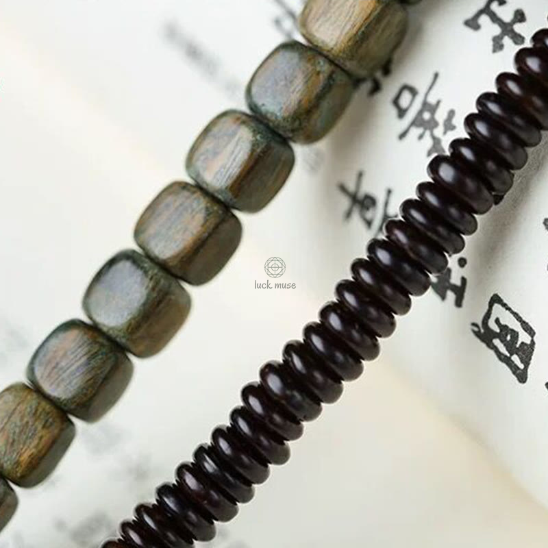 Green Sandalwood Ebony Om Mani Padme Hum Engraved Peace Triple Wrap Bracelet with Luck Muse - Image 10