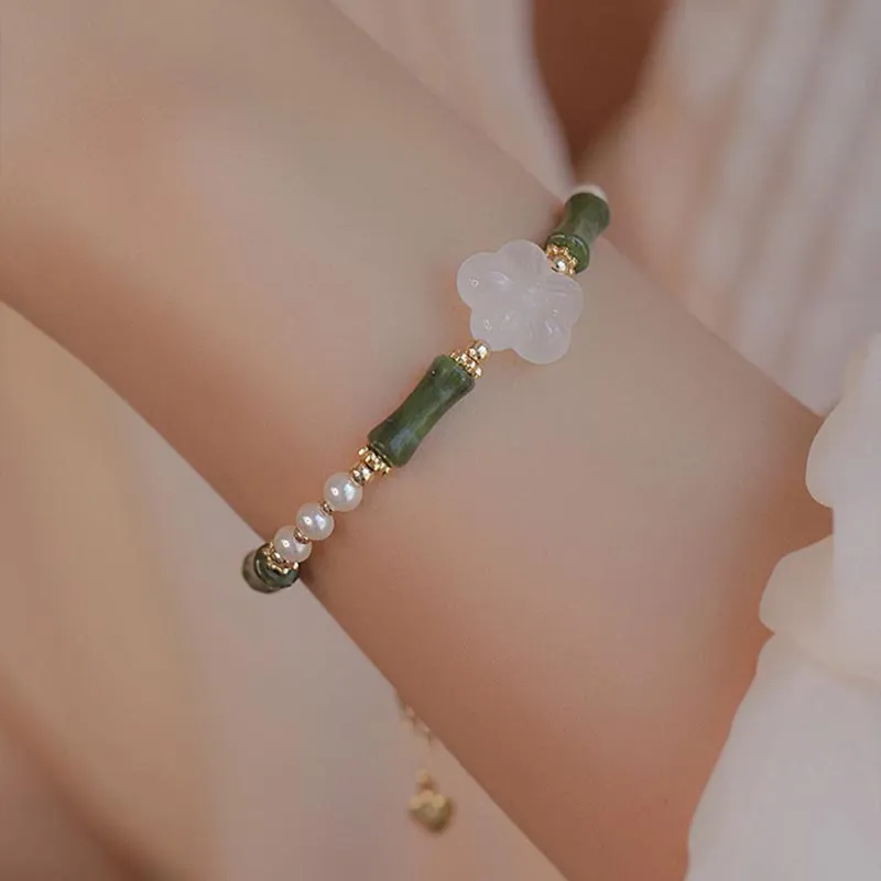 Peridot Agate and Pearl Bracelet with Luck Muse and Bamboo Flower Accents for Peace - Image 2