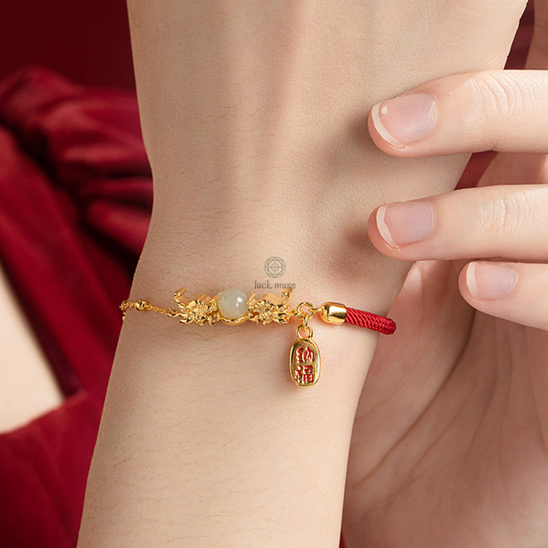 Luck Muse Year of the Dragon 925 Sterling Silver Hetian Jade Luck Bracelet with Fu Character - Image 3