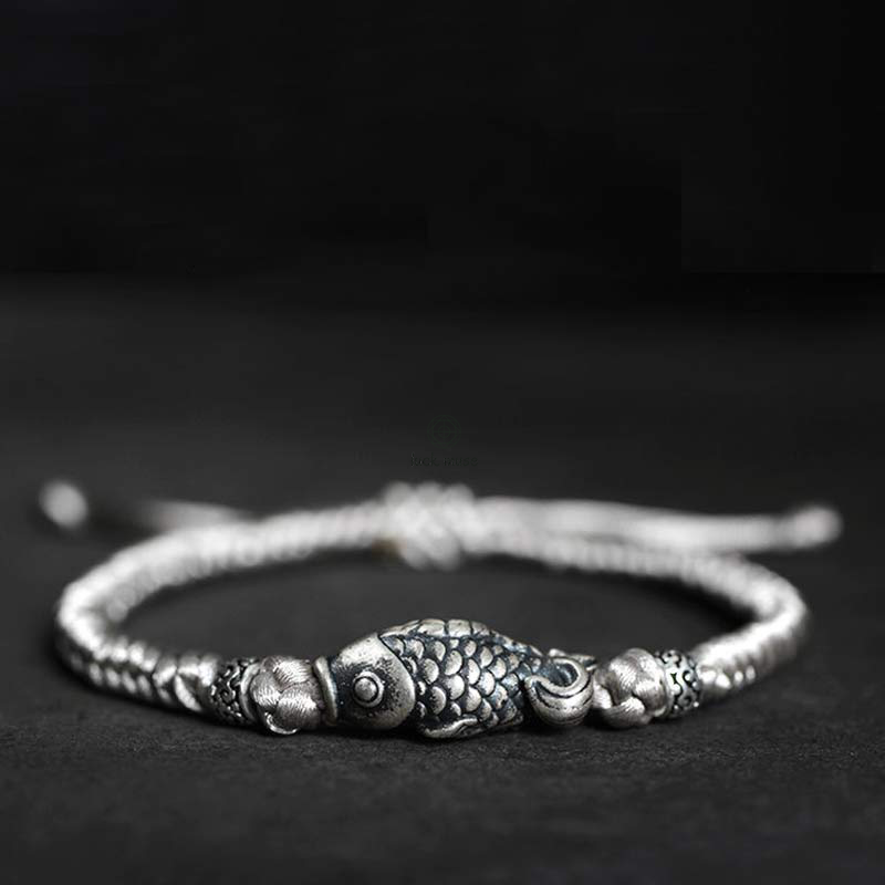Braided String Bracelet with Silver Koi Fish Design for Good Fortune - Image 12