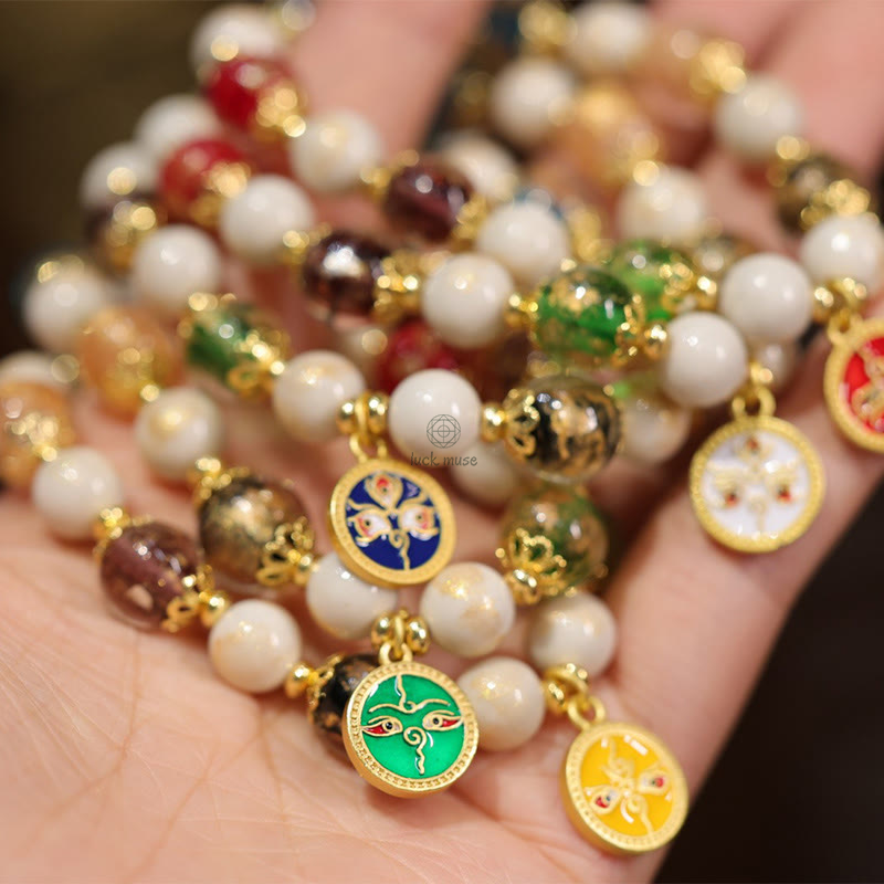 Luck Muse Tibetan Five Wealth God Fortune Charm Bracelet with Liuli Glass Beads, Incense Ash, and Porcelain Beads - Image 5