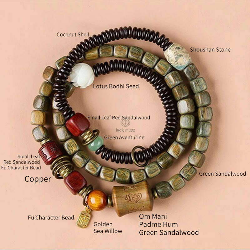 Green Sandalwood Ebony Om Mani Padme Hum Engraved Peace Triple Wrap Bracelet with Luck Muse - Image 6