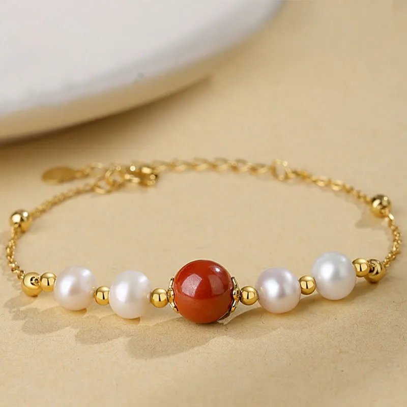 Luck Muse 925 Sterling Silver Pearl Cinnabar Healing Beaded Chain Bracelet