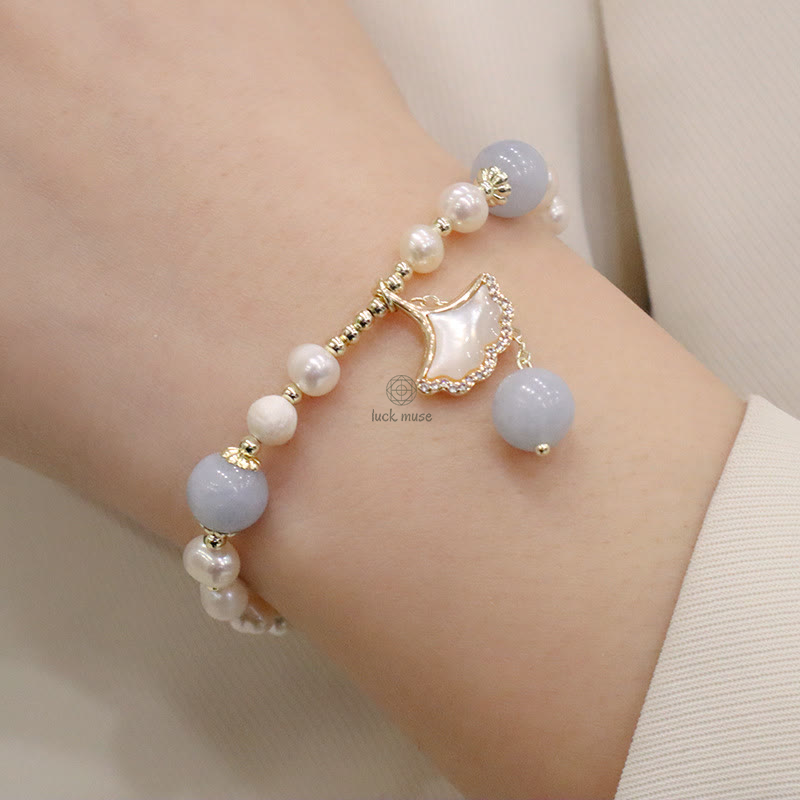 Aquamarine Pearl Healing Bracelet with Ginkgo Leaf and Butterfly Charm - Image 5