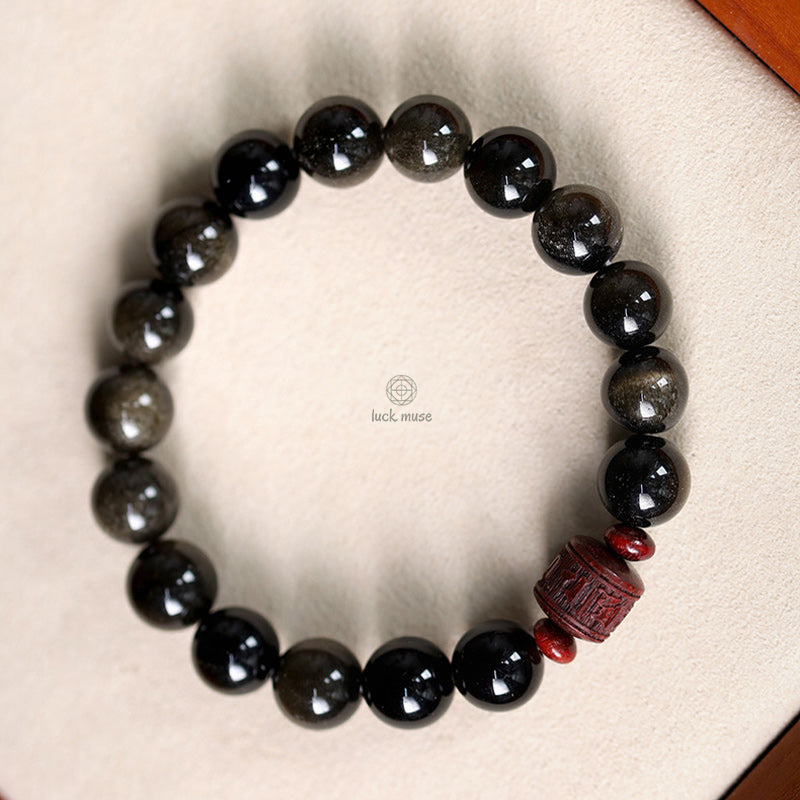Natural Gold Sheen Obsidian Rainbow Obsidian Om Mani Padme Hum Healing Bracelet - Image 5