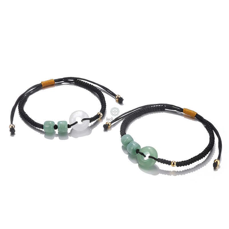 Braided Couple Bracelet Set with Green Aventurine, White Jade, Peace Buckle, and Luck - Image 2
