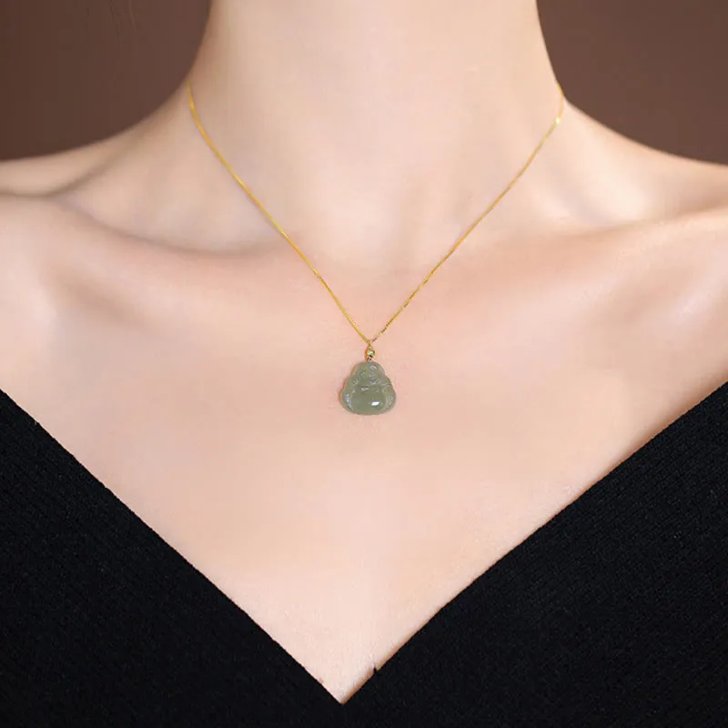Luck Muse 925 Sterling Silver Hetian and Cyan Jade Luck Laughing Buddha Butterfly Necklace Pendant - Image 4