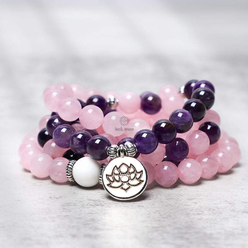 Luck Muse Shop Rose Quartz Amethyst Mala Bead Lotus Pendant Bracelet