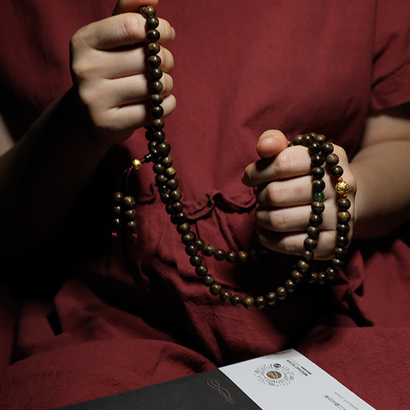 Luck Muse 999 Gold 108 Mala Beads Agarwood Cyan Jade Six Words Strength Bracelet - Image 3