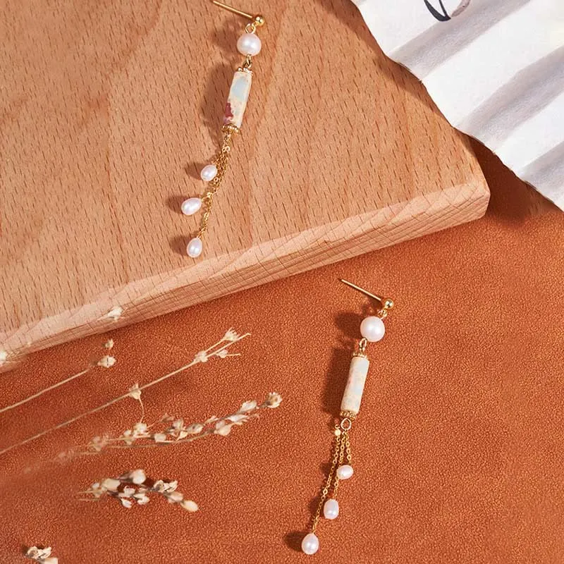 Luck Muse Shoushan Stone Pearl Drop Earrings with 925 Sterling Silver Posts - Image 2