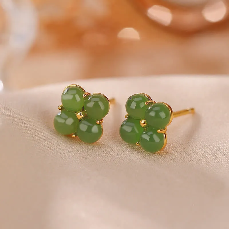 Luck Muse Gold-Plated 925 Sterling Silver Cyan Jade Clover Stud Earrings for Good Luck