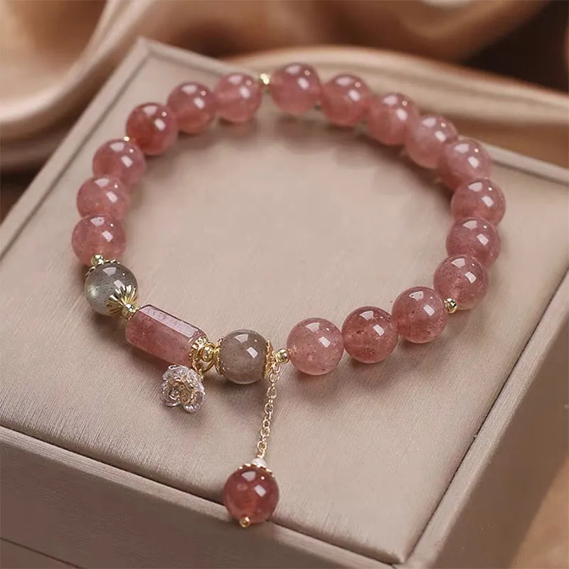 Natural Strawberry Quartz Zircon Flower Charm Bracelet with Positive Energy - Image 2