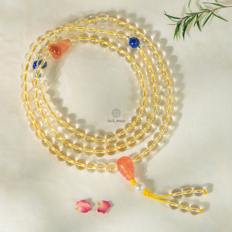 Luck Muse 108 Mala Beads Bracelet with 925 Sterling Silver, Natural Citrine, Red Agate, and White Jade Prosperity Charm - Image 17